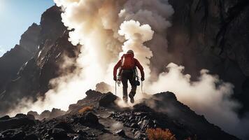 mountain climber with a view of the mountain gas coming out photo