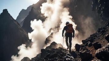 mountain climber with a view of the mountain gas coming out photo