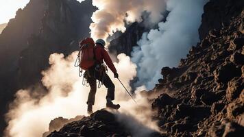 mountain climber with a view of the mountain gas coming out photo