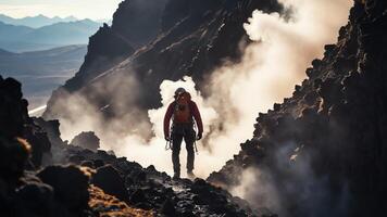 mountain climber with a view of the mountain gas coming out photo