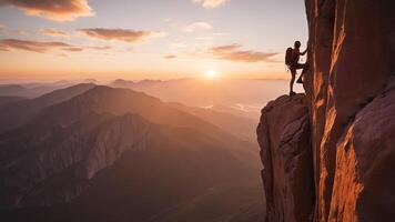 rock climber is climbing a cliff, wide landscape of rock cliffs with sunset photo