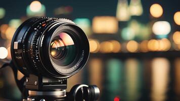 a camera lens is shown in front of a cityscape photo