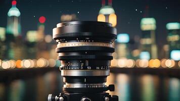 a camera lens is shown in front of a cityscape photo