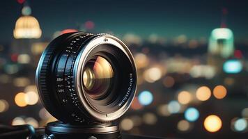 a camera lens is shown in front of a cityscape photo