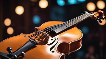 a violin is sitting on a stand in front of a crowd photo