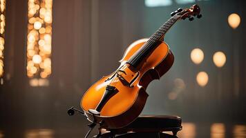 a violin is sitting on a stand in front of a crowd photo