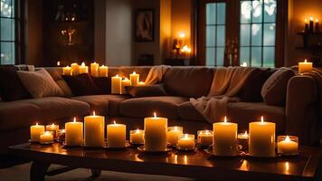 candles are lit in front of a couch and fireplace photo