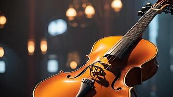 a violin is sitting on a stand in front of a crowd photo