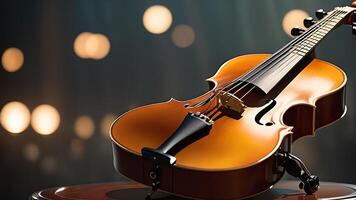 a violin is sitting on a stand in front of a crowd photo