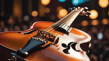 a violin is sitting on a stand in front of a crowd photo