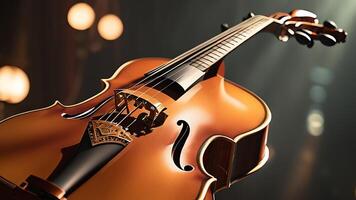 a violin is sitting on a stand in front of a crowd photo