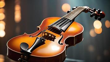 a violin is sitting on a stand in front of a crowd photo