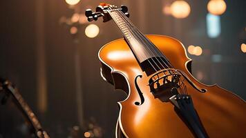 a violin is sitting on a stand in front of a crowd photo