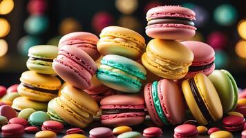 colorful macarons on a table with bokeh background photo