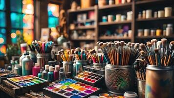 many paint brushes and paint pots are on a table photo