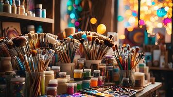 many paint brushes and paint pots are on a table photo