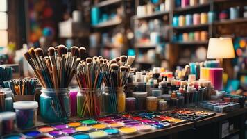 many paint brushes and paint pots are on a table photo