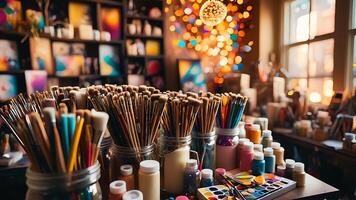 many paint brushes and paint pots are on a table photo