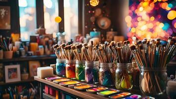 many paint brushes and paint pots are on a table photo