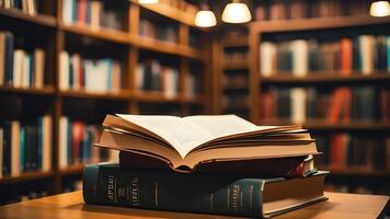 a stack of books on a table in front of a library photo