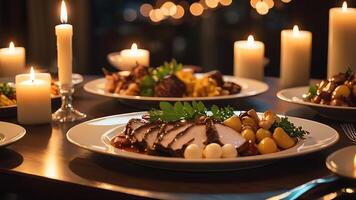 a dinner table with food and candles photo
