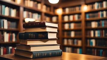 a stack of books on a table in front of a library photo
