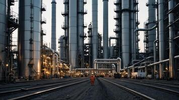 atmosphere of oil refinery work, factory, people working, oil refinery workers photo