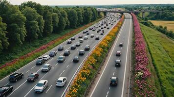 aerial view of highway, overpass in countryside photo