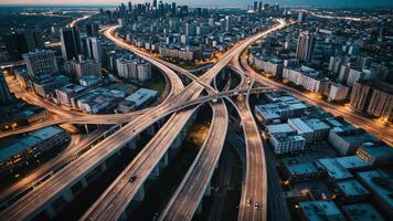 aerial view of highway, overpass in city photo