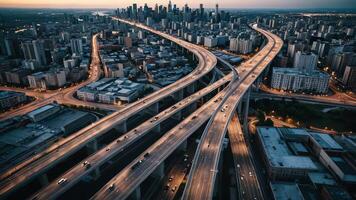 aerial view of highway, overpass in city photo