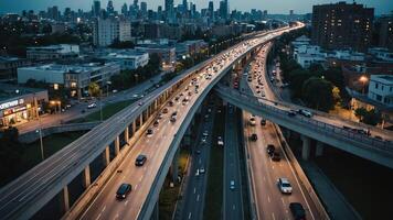 aerial view of highway, overpass in city photo