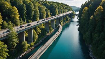 aerial view of the highway, overpass in the middle of the forest photo
