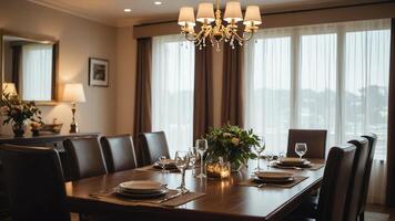 a dining room table with chairs and a chandelier photo
