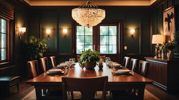 dining room with chairs and table, calm atmosphere in vintage style photo