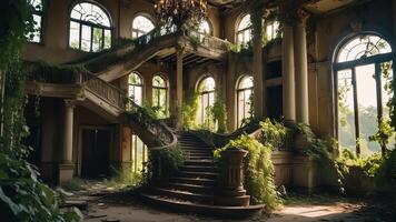 an old staircase in an abandoned building photo