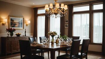 dining room with chairs and table, calm atmosphere in vintage style photo