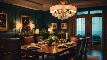 dining room with chairs and table, calm atmosphere in vintage style photo