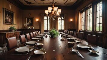 dining room with chairs and table, calm atmosphere in vintage style photo