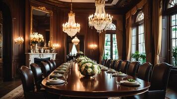 dining room with chairs and table, calm atmosphere in vintage style photo