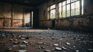 an old abandoned room with broken windows and debris photo