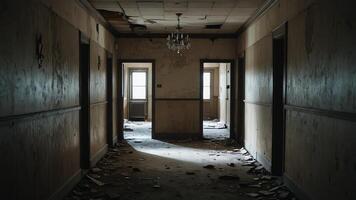 an empty hallway with broken windows and a chandelier photo