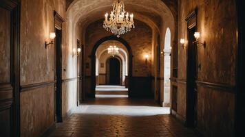 long empty hallway with retro vintage brown atmosphere photo