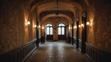 long empty hallway with retro vintage brown atmosphere photo