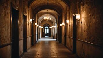 long empty hallway with retro vintage brown atmosphere photo