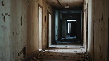 an empty hallway with broken windows and a chandelier photo