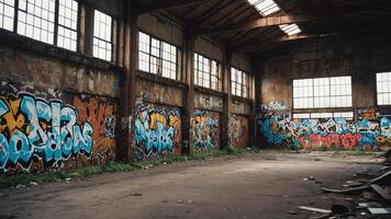 an abandoned warehouse with graffiti on the walls photo