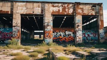 an abandoned warehouse with graffiti on the walls photo