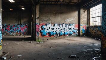 an abandoned warehouse with graffiti on the walls photo