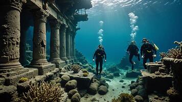 cuba divers are in the water near the wrecks of buildings and sunken objects photo