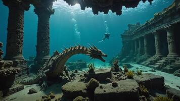 cuba divers are in the water near the wrecks of buildings and sunken objects photo